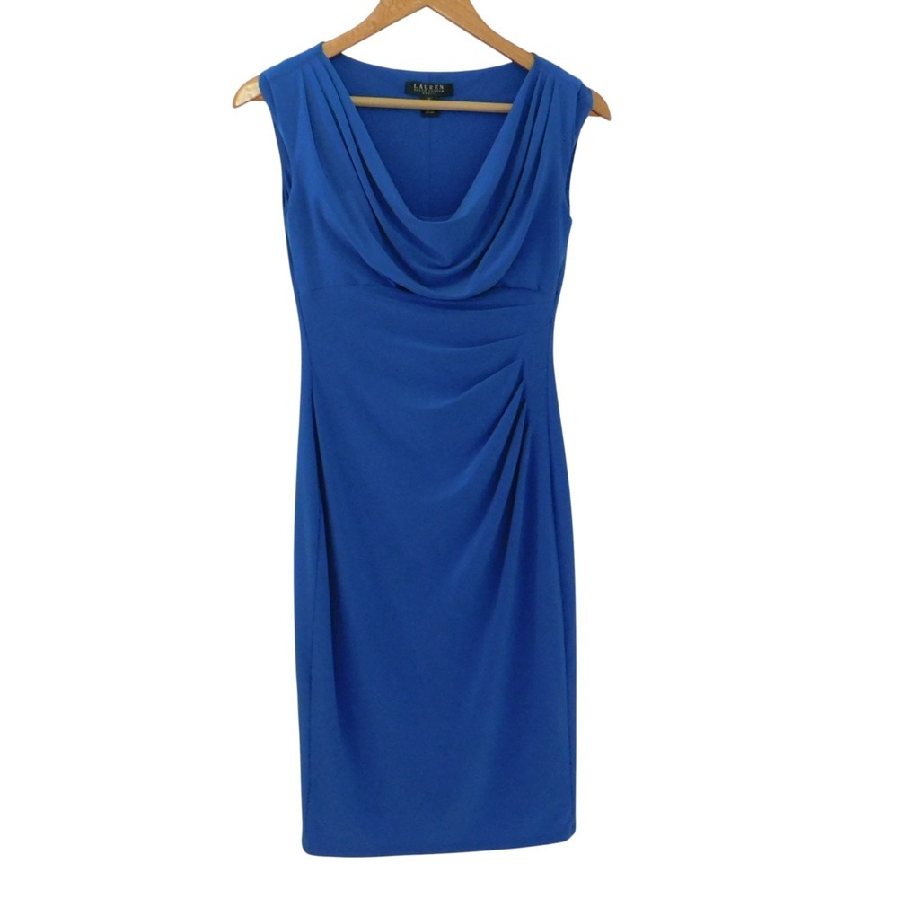LAUREN Ralph Lauren Blue Jersey Cap Sleeve Dress Ruched Sheath Sz 2 Y2K